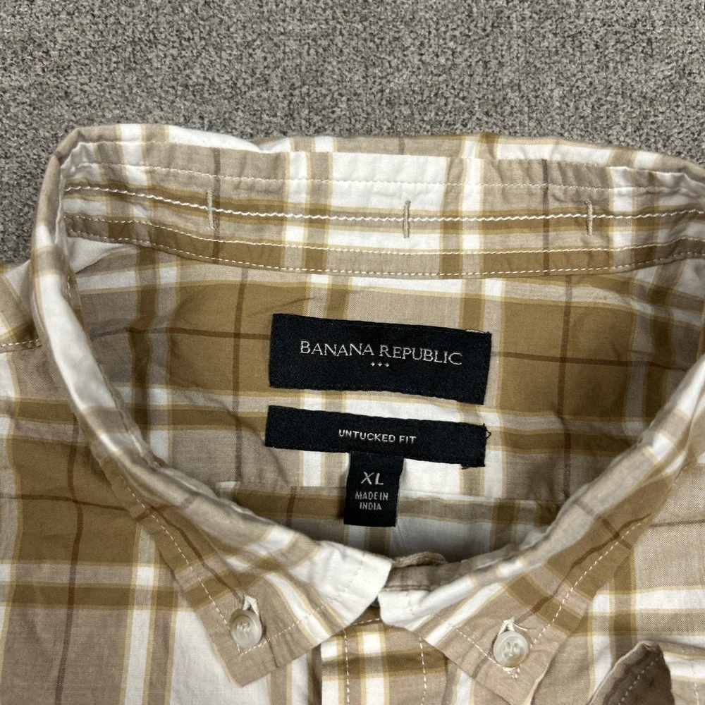 NEW Banana Republic Shirt Mens XL Untucked Fit Brown Plaid Lightweight Organic